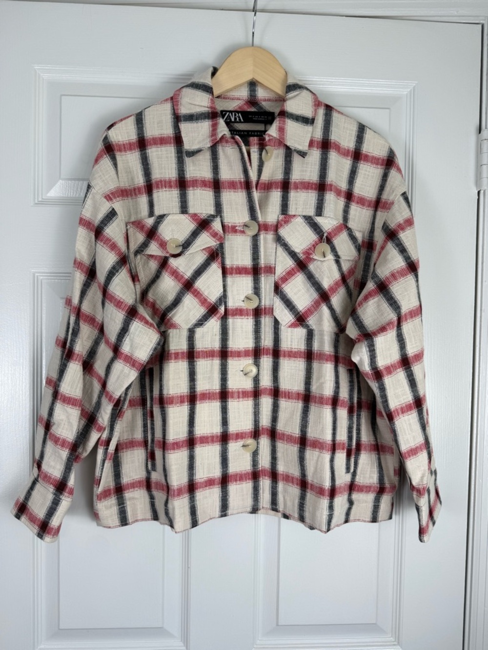 Zara Italian Fabric Plaid Button-Up Shacket with Red & Black Checks Oversized Sm